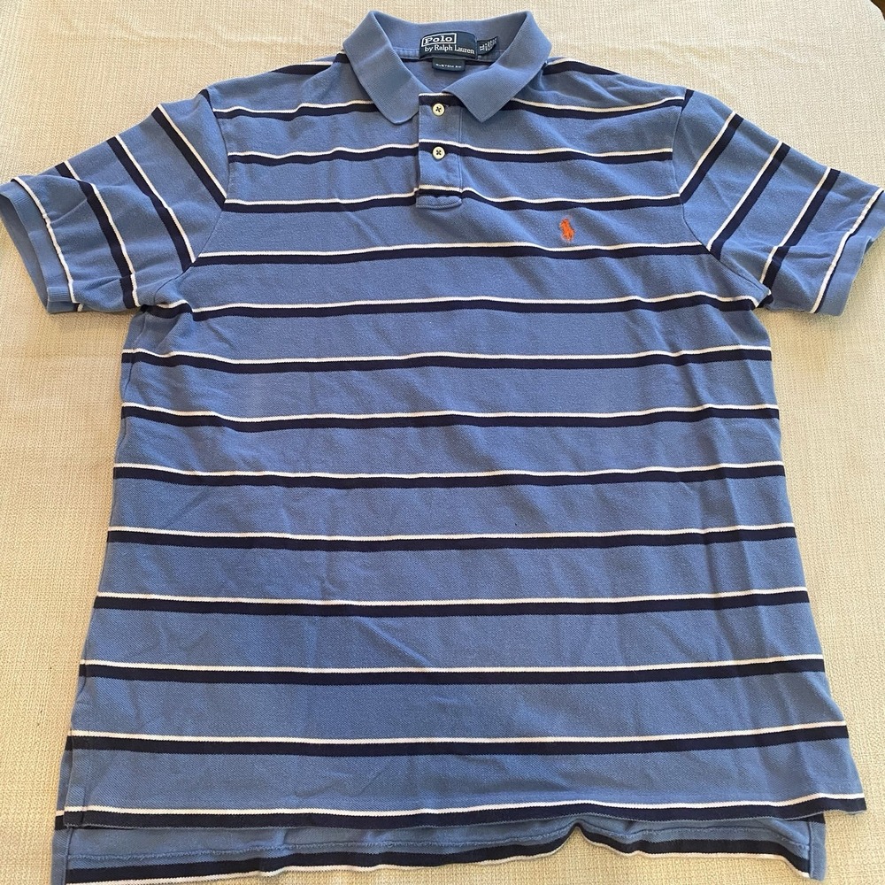 Vtg Polo Ralph Lauren Blue Striped Polo Shirt Men's XL